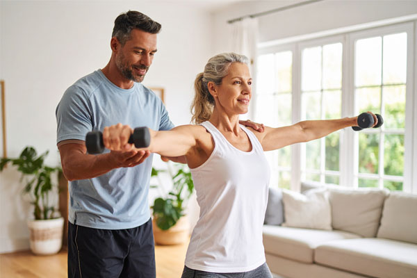 Woman-in-his-early-forties-working-out-in-a-routine-with-a-male-personal-fitness-coach-at-home